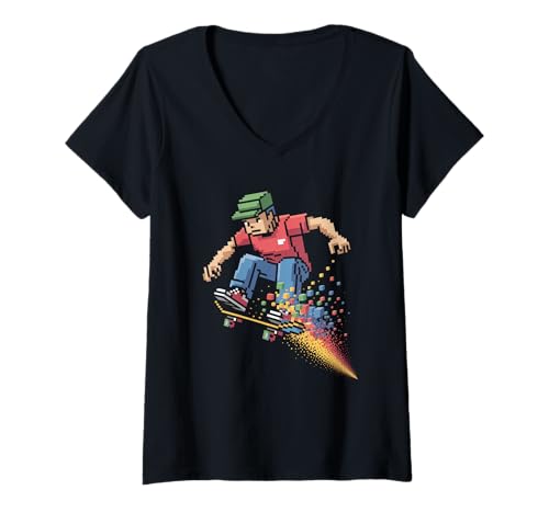Damen Pixel Skater Streetwear-Skateboard im 8-Bit-Stil T-Shirt mit V-Ausschnitt Damen Pixel Skater Streetwear-Skateboard im 8-Bit-Stil T-Shirt mit V-Ausschnitt von Streetwear Skateboard Skate Style Culture