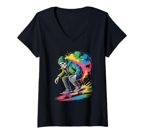Damen Skeleton Skater Rainbow Smoke Streetwear-Skateboard T-Shirt mit V-Ausschnitt Damen Skeleton Skater Rainbow Smoke Streetwear-Skateboard T-Shirt mit V-Ausschnitt von Streetwear Skateboard Skate Style Culture