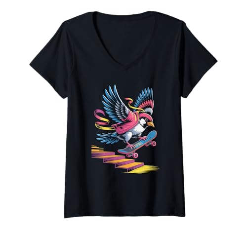 Damen Streetwear-Skateboard Bird Skater Feather Mid Stair Trick T-Shirt mit V-Ausschnitt Damen Streetwear-Skateboard Bird Skater Feather Mid Stair Trick T-Shirt mit V-Ausschnitt von Streetwear Skateboard Skate Style Culture