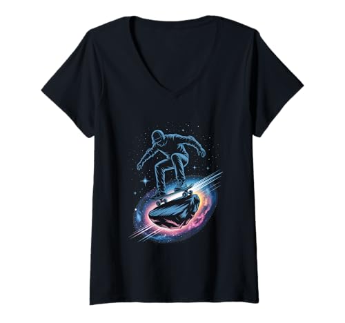 Damen Weltraumskater auf dem Asteroid Cosmic Streetwear-Skateboard T-Shirt mit V-Ausschnitt Damen Weltraumskater auf dem Asteroid Cosmic Streetwear-Skateboard T-Shirt mit V-Ausschnitt von Streetwear Skateboard Skate Style Culture