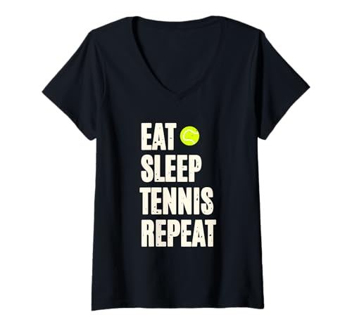 Damen Eat Sleep Tennis Repeat T-Shirt mit V-Ausschnitt von Streetwear Sportkleidung für Damen Herren Kinder