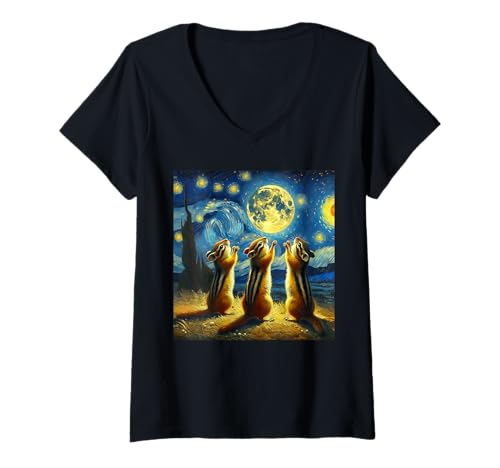 Damen Chipmunk Starry Night Streifenhörnchen T-Shirt mit V-Ausschnitt Damen Chipmunk Starry Night Streifenhörnchen T-Shirt mit V-Ausschnitt von Streifenhörnchen Mond Design Für Herren Und Damen
