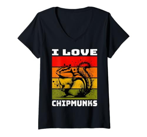 Damen Chipmunk Retro Streifenhörnchen T-Shirt mit V-Ausschnitt von Streifenhörnchen Motive Herren Damen