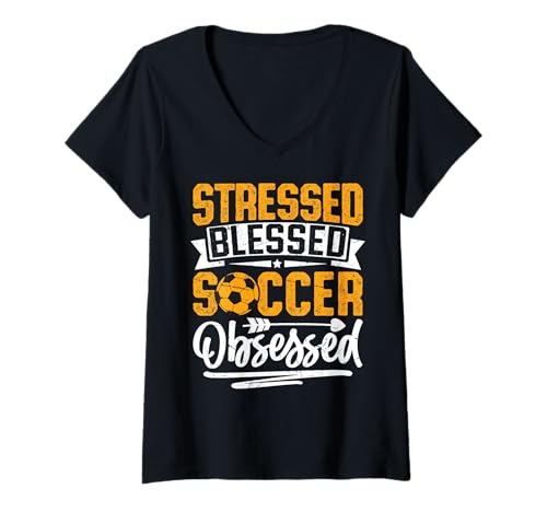 Damen Gestresst Gesegnet Fußballbesessen T-Shirt mit V-Ausschnitt Damen Gestresst Gesegnet Fußballbesessen T-Shirt mit V-Ausschnitt von Stressed Blessed Soccer Obsessed Ball Play Gift