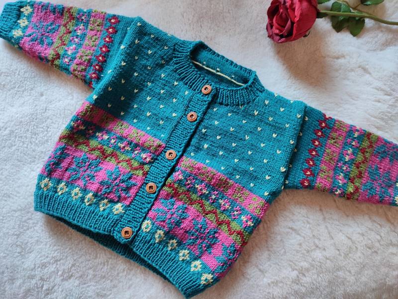 Handgestrickte Kinderjacke Norwegermuster Gr. 74/80 Einzelstück von StrickenUndMehr