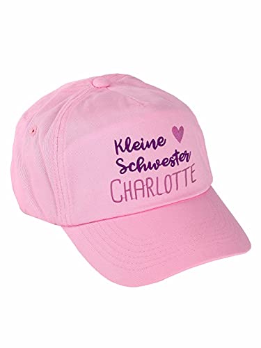 Striefchen® Basecap für Kinder Geschwister Bestickt mit eigenem Namen Kleine Schwester, Rosa von Striefchen