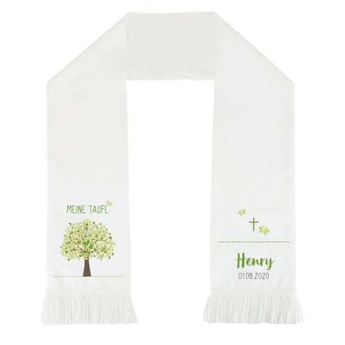Striefchen® Personalisierter Taufschal mit 116 cm lang Weiß - Lebensbaum Grün von Striefchen