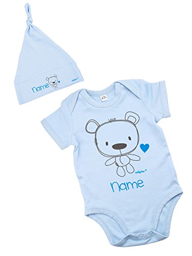 Striefchen® hellblaues Babyset mit Namen - Babybody und Babymütze -Teddybär - als Babygeschenk Größe 3-6 Monate von Striefchen