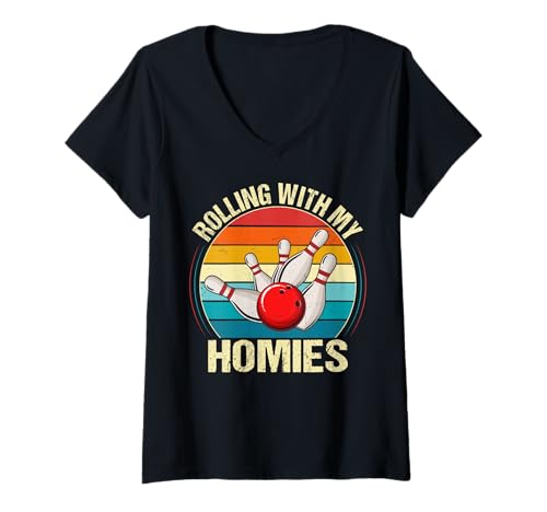 Damen Lustiger Bowler im Retro-Look „Rolling with My Homies“ T-Shirt mit V-Ausschnitt Damen Lustiger Bowler im Retro-Look „Rolling with My Homies“ T-Shirt mit V-Ausschnitt von StrikeZone Apparel
