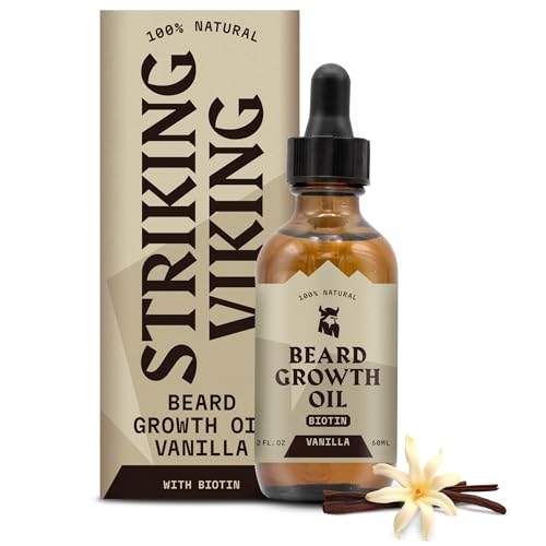 Striking Viking Bartwuchsöl mit Biotin - Verdickendes und pflegendes Bartöl für Bartwuchs - natürliches Bartserum für das Wachstum der Gesichtsbehaarung für Männer Vanille, 2 Fl Oz (Packung mit 1) von Striking Viking