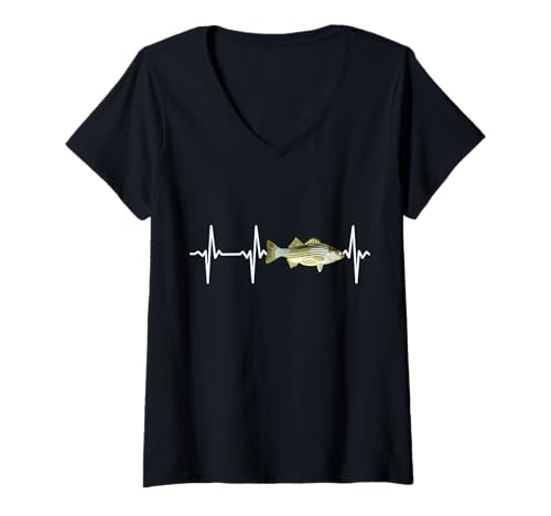 Damen Gestreifter Bass-Herzschlag für Süßwasserfisch-Angel-Liebhaber T-Shirt mit V-Ausschnitt von Striped Bass Gift Co.