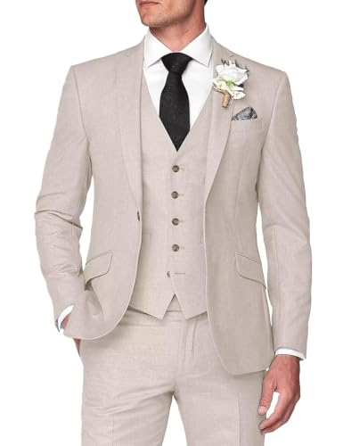 3-teiliger Herrenanzug aus Leinen, schmale Passform, Set für Herren, zwei Knöpfe, Bräutigam-Anzüge für Sommer, Strand, Hochzeit, Beige, L 3-teiliger Herrenanzug aus Leinen, schmale Passform, Set für Herren, zwei Knöpfe, Bräutigam-Anzüge für Sommer, Strand, Hochzeit, Beige, L von Stritra