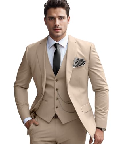 Stritra Herren Slim Fit Anzug Set 3-teilig Anzüge für Männer Regular Fit Solid Blazer für Business Hochzeit Abschlussball mit Krawatte, Champagner, M von Stritra
