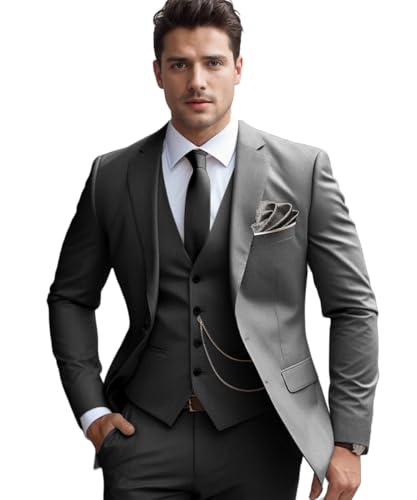 Stritra Herren Slim Fit Anzug Set 3-teilig Anzüge für Männer Regular Fit Solid Blazer für Business Hochzeit Abschlussball mit Krawatte, grau dunkel, L von Stritra