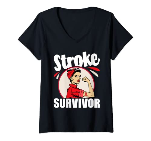 Damen Stroke Survivor – Stroke Awareness Red Ribbon Brain Attack T-Shirt mit V-Ausschnitt von Stroke Awareness Shirts