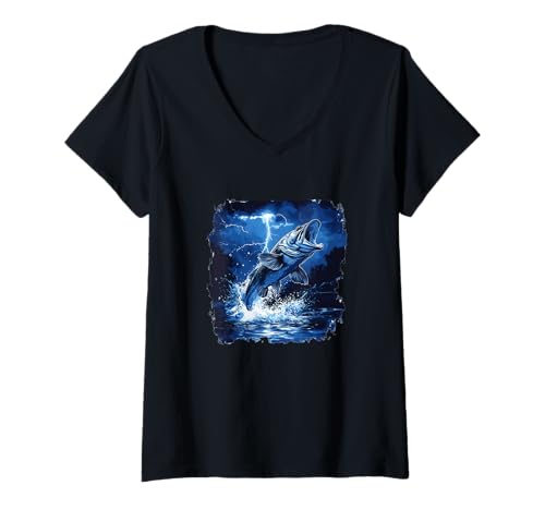 Damen Donner Angelkostüm mit großem Maul Barsch Kostüm T-Shirt mit V-Ausschnitt Damen Donner Angelkostüm mit großem Maul Barsch Kostüm T-Shirt mit V-Ausschnitt von Strom Bass Outfit