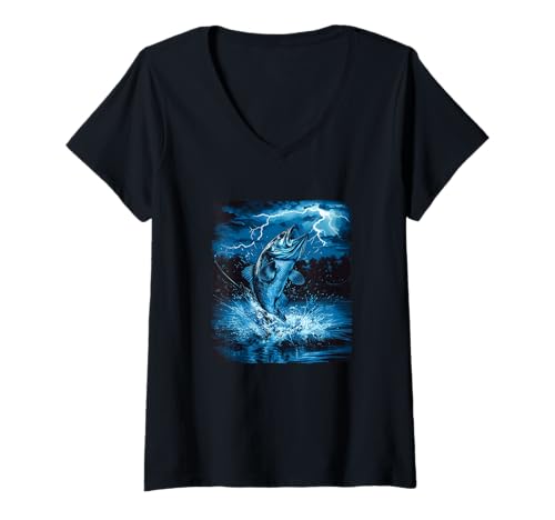 Damen Thunder Basskostüm mit großem Mund für Sturmfischliebhaber T-Shirt mit V-Ausschnitt Damen Thunder Basskostüm mit großem Mund für Sturmfischliebhaber T-Shirt mit V-Ausschnitt von Strom Bass Outfit