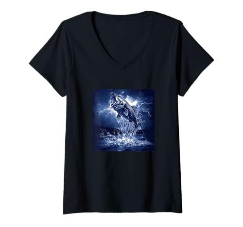 Damen Tolles Barsch-Angelkostüm mit Cooler Storm-Grafik T-Shirt mit V-Ausschnitt von Strom Bass Outfit