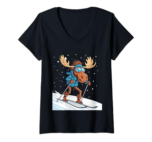 Damen Comic-Elch auf Skiern mit Winterkleidung T-Shirt mit V-Ausschnitt von Strong Design Studio