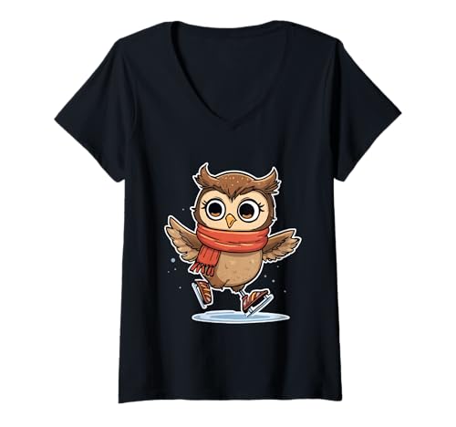 Damen Comic-Eule mit Schal beim Schlittschuhlaufen – Wintermotiv T-Shirt mit V-Ausschnitt von Strong Design Studio