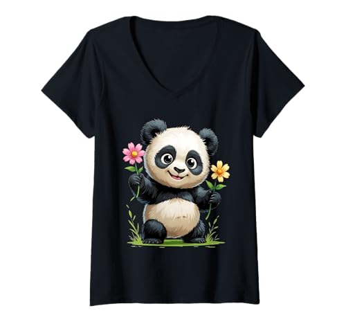 Damen Comic-Panda mit Blumen in beiden Händen T-Shirt mit V-Ausschnitt von Strong Design Studio