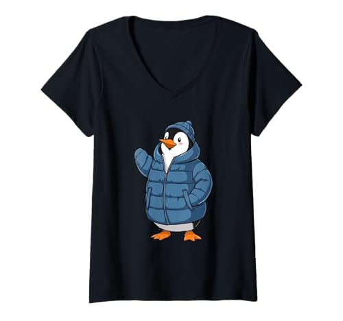 Damen Comic-Pinguin mit Blauer Jacke und Wintermütze T-Shirt mit V-Ausschnitt von Strong Design Studio
