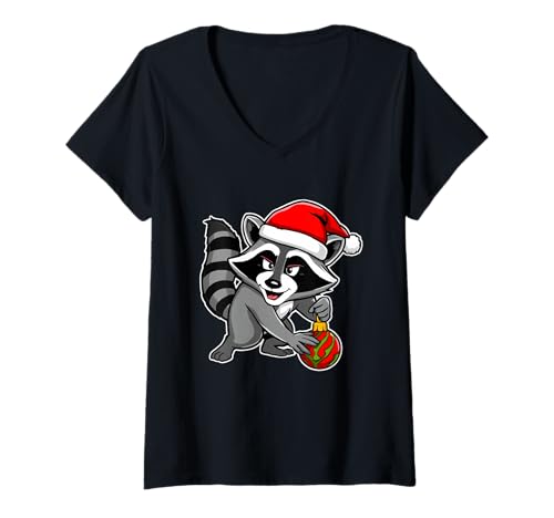 Damen Frecher Weihnachtswaschbär mit Mütze und Kugel T-Shirt mit V-Ausschnitt von Strong Design Studio