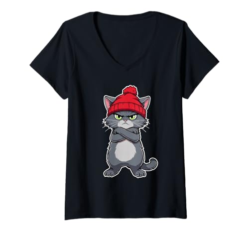 Damen Grimmige Winterkatze mit Roter Mütze und Verschränkten Armen T-Shirt mit V-Ausschnitt von Strong Design Studio