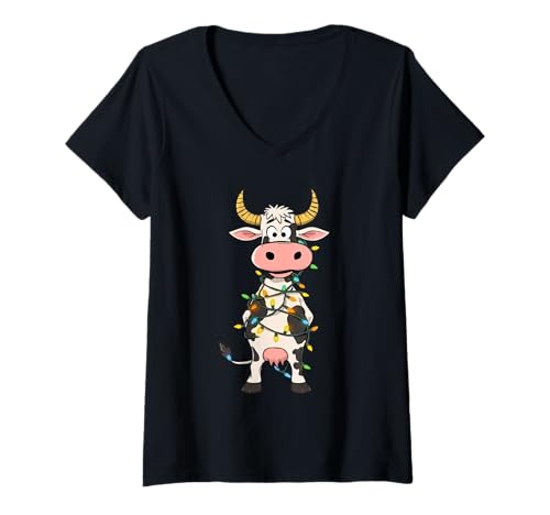 Damen Lustige Kuh mit bunter Lichterkette – Comicstil T-Shirt mit V-Ausschnitt von Strong Design Studio