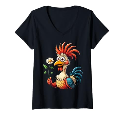 Damen Lustiger Cartoon-Hahn mit Gänseblümchen Design T-Shirt mit V-Ausschnitt von Strong Design Studio