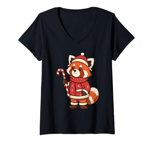 Damen Roter Panda mit Weihnachtskleidung und Zuckerstange T-Shirt mit V-Ausschnitt von Strong Design Studio