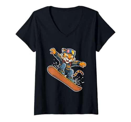 Damen Snowboard-Tiger Comic Tierillustration Winter T-Shirt mit V-Ausschnitt von Strong Design Studio