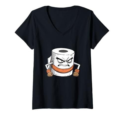 Damen Wütende Klopapierrolle mit Schal – Cartoon Design T-Shirt mit V-Ausschnitt von Strong Design Studio