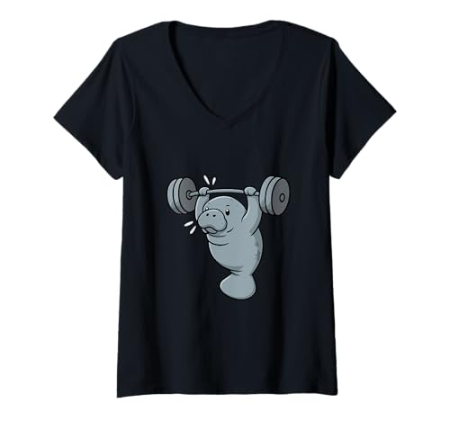 Damen Lustiges Manatee Gewichtheben Gym Design T-Shirt mit V-Ausschnitt von Strong Manatee Workout Humor Apparel