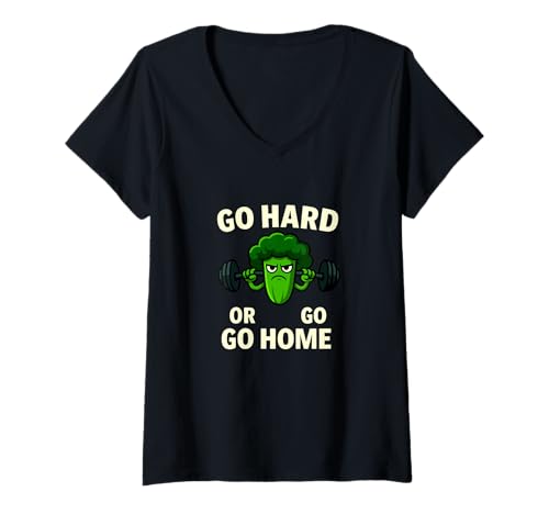 Damen Lustiges Brokkoli-Zitat Go Hard T-Shirt mit V-Ausschnitt Damen Lustiges Brokkoli-Zitat Go Hard T-Shirt mit V-Ausschnitt von Strong Veggies Gym Humor Collective
