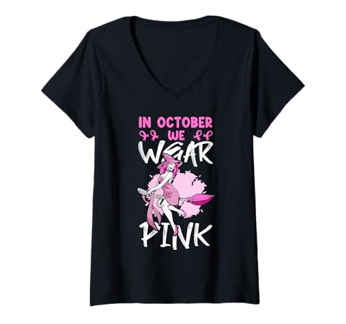Damen Im Oktober tragen wir Pink Witch Awareness T-Shirt mit V-Ausschnitt Damen Im Oktober tragen wir Pink Witch Awareness T-Shirt mit V-Ausschnitt von Strong Women Awareness Style