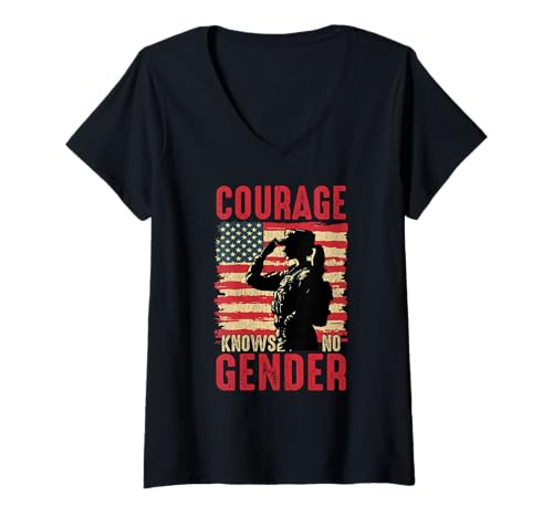 Damen Mut kennt kein Geschlecht Militärischer Stolz T-Shirt mit V-Ausschnitt von Strong Women Military Pride by NLTS
