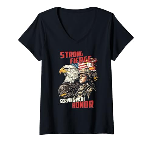 Damen Starkes, heftiges Servieren mit Ehren-Soldaten-Design T-Shirt mit V-Ausschnitt von Strong Women Military Pride by NLTS