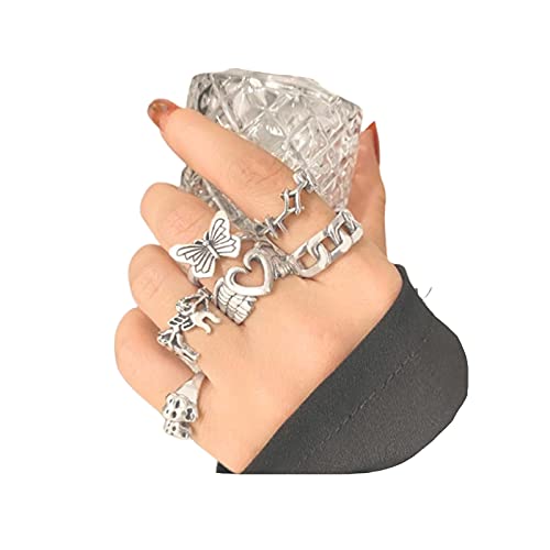 Sttiafay 6 Stück Vintage Schädel Schmetterling Knöchelringe Punk Silber Kette Gelenkringe Stapelbar Midi Fingerring Set Schmuck für Damen und Herren von Sttiafay