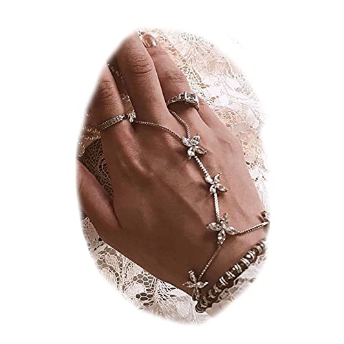 Sttiafay Böhmische Fingerring-Armbänder, Strass, Gänseblümchen, Fingerkette, Strandsklave, Handkette, Schmuck, für Damen und Mädchen, 1 Count (Pack of 1), Silber von Sttiafay