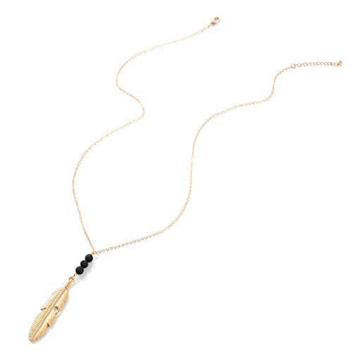 Sttiafay Boho Gold Feder Anhänger Halskette Kette Vulkanstein Charm Halskette Zigeuner Lange Kette Y-Halskette Schmuck für Frauen und Mädchen von Sttiafay