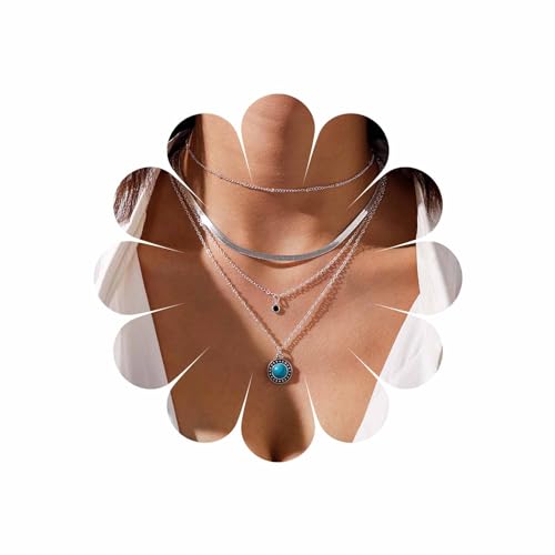 Sttiafay Boho Layered Türkis Neckalce Kette Zierliche Edelstein Anhänger Halskette Mehrschichtige Silber Schlangenkette Choker Halskette Schmuck für Frauen und Mädchen von Sttiafay