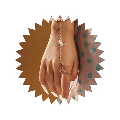 Sttiafay Finger Ring Armband Perlsträhnen Armband Schmetterling Ring Link Armband Kreative Sklave Handgurt Hand Accessoire Für Frauen Mädchen von Sttiafay