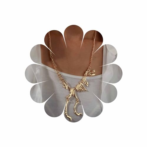 Sttiafay Goldene Dinosaurier-Halskette Übertriebener T-Rex-Skelett-Anhänger Langkettige Y-Halskette für Frauen und Jugendliche von Sttiafay