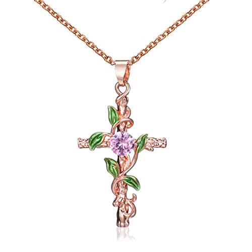 Sttiafay Kristall Kreuz Halskette Kette Blatt Umwickelt Kreuz Diamant Halskette Rose Gold Lange Kette Halskette Schmuck für Frauen und Teen Mädchen (Roségold) von Sttiafay