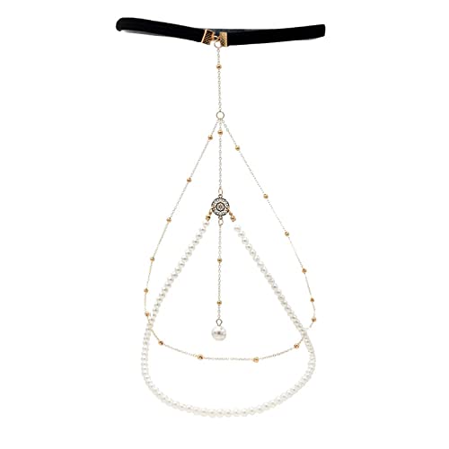 Sttiafay Layered Pearl Perlen Oberschenkel Kette Lange Kette Perlenanhänger Beinkette Sexy Perlen Körperkette Stretch Oberschenkel Körpergeschirr Strandschmuck für Frauen und Mädchen von Sttiafay