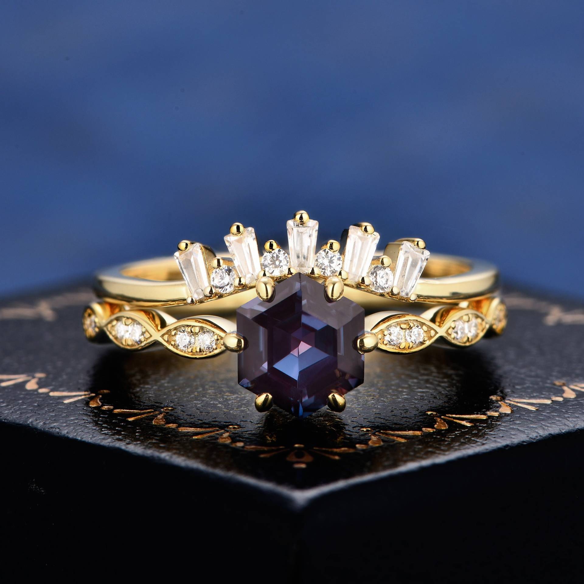 Hexagon Cut Alexandrit K Solid Gold Ring Für Frauen Hochzeit Verlobungsband Edelstein Handarbeit Versprechen Braut Set Geschenke Sie von StuartTreesr