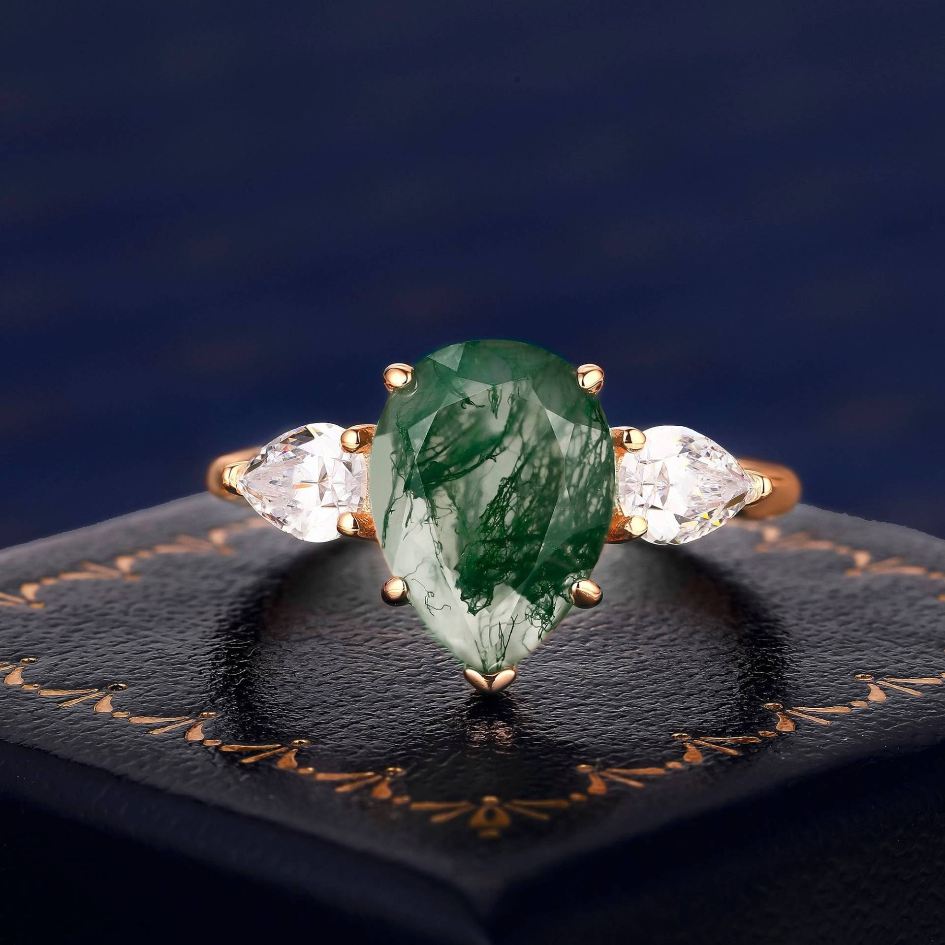 New Design K Solid Gold Pear Cut Natural Moos Achat Ring Für Frauen Hochzeit Verlobungsband Edelstein Handgemacht Luxus von StuartTreesr