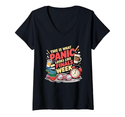 Damen So Sieht Panik aus Prüfungswoche T-Shirt mit V-Ausschnitt von Studenten College-Prüfung Überleben Kaffee Fan Gra