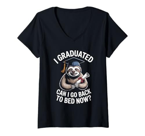 Damen Lustiges Faultier Abschlussprüfung Schule Schulabschluss Uni T-Shirt mit V-Ausschnitt von Studienanbschluss Universität Abitur Abschlussjahr